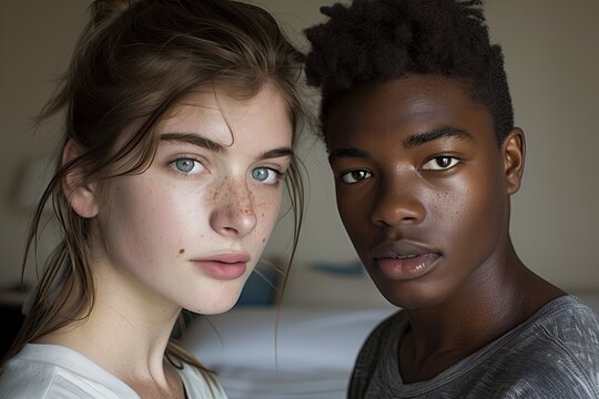 Young interracial couple of friends. White Caucasian woman with freckles standing close to a black guy. Bedroom. Youth. Relationship. Fashion model. Ad campaign. Diversity. Race. Inclusivity.Phenotype