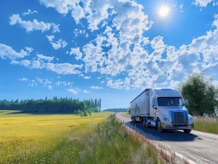 A vehicle on the road with a summer and sunny landscape background, sun, blue sky