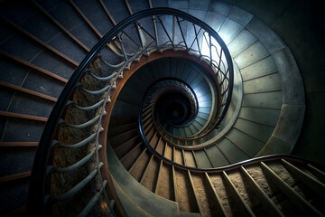 Fototapeta premium Artistic Shot of a Shadowy Staircase Spiraling Downwards