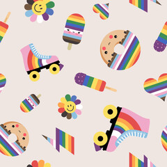 Pride Month seamless pattern, vector illustrations in rainbow colors for LGBTQIA+ community, diversity, equality, gay, lesbian, transgender, queer, with retro symbols like rollerblades, flash, heart