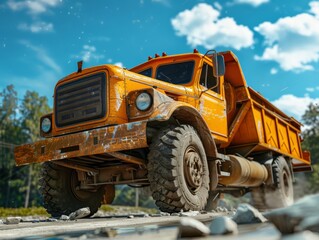 Fototapeta premium A vehicle on the road with a summer and sunny landscape background, sun, blue sky