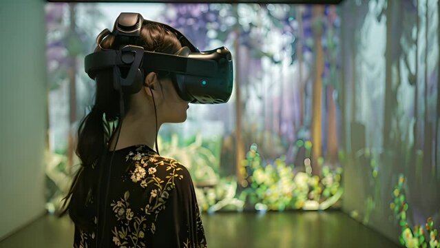 A woman explores a museum exhibit while wearing a virtual reality headset, immersing herself in the digital environment.