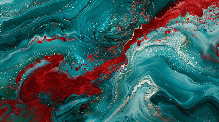 Captivate the imagination with ruby-red marble ink winding its way through a panorama of oceanic blues and emerald greens, adorned with glitters that dance like reflections on water.