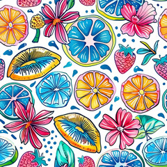 A colorful and whimsical floral summer pattern with various fruits and flowers