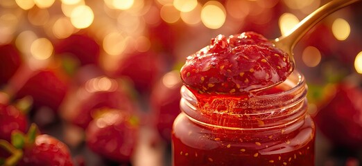 Strawberry jam. Spoon scooping homemade strawberry jam from a glass jar surrounded by fresh strawberries. - obrazy, fototapety, plakaty
