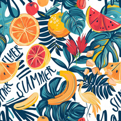 A colorful and whimsical floral summer pattern with various fruits and flowers