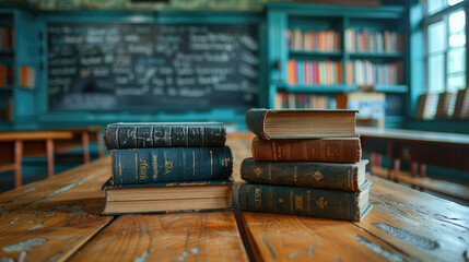 A sunny classroom with wooden desks and a chalkboard, a calm learning environment. Library with bookshelves. Blurred background with space for text