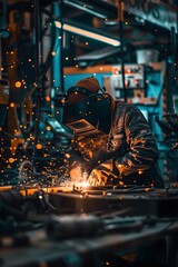 A worker is welding metal pieces in the factory, sparks flying around him