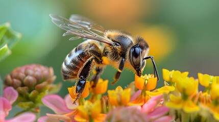 Close-up of a honeybee gathering nectar from vibrant spring flowers, showcasing the essential role of bees in nature.