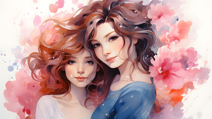 vibrant watercolor painting of mother's day illustration, portrait of mother and daughter spending time together.
