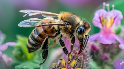 Close-up of a honeybee gathering nectar from vibrant spring flowers, showcasing the essential role of bees in nature.