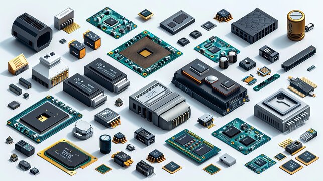Isometric illustration of electrical boards featuring hardware items such as computer power diodes, semiconductors, and small chips, forming a vector equipment set.