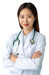 photo advertisement for Asian female Medicine doctor with stethoscope in hand with his arms crossed, studio lighting, isolated background.