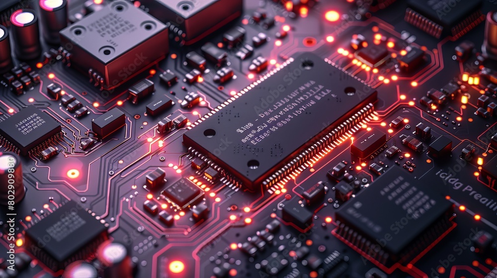 Poster landing page template depicting a semiconductor with an electronic circuit board and components, off