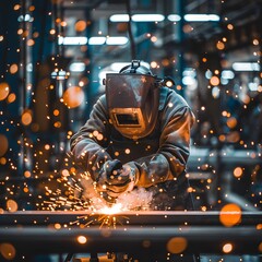 A worker is welding metal pieces in the factory, sparks flying around him