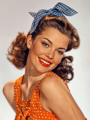 A beautiful and joyful pin-up girl smiling, wearing a polka dot dress and bow bandana in her hair