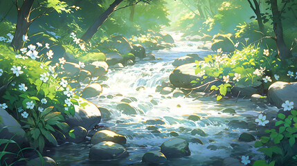 River, forest, nature illustration, banner, background. Summer, spring nature landscape. 