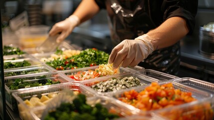 Worker preparing healthy meals in disposable containers at professional kitchen