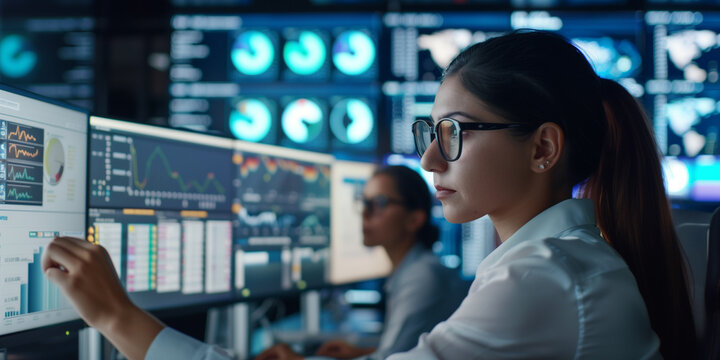 Female young Data Scientist Reviewing Reports Of Risk Management Department On Big Digital Screen In Monitoring Room