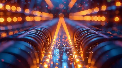 Network cables and optical fibers with illuminated ends in the background. - obrazy, fototapety, plakaty
