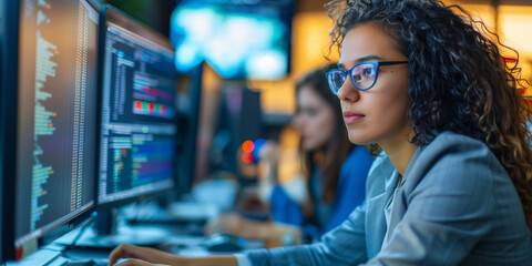 Female young Data Scientist Reviewing Reports Of Risk Management Department On Big Digital Screen In Monitoring Room