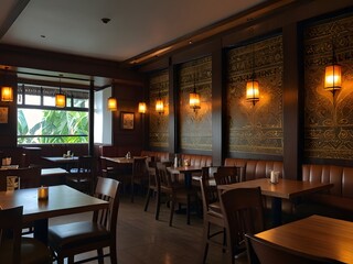 Obraz premium Interior of a modern restaurant, Interior of a luxury restaurant with wooden furniture