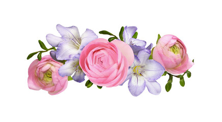 Pink ranunculus flowers and purple freesia in a beautiful floral arrangement isolated on white or...