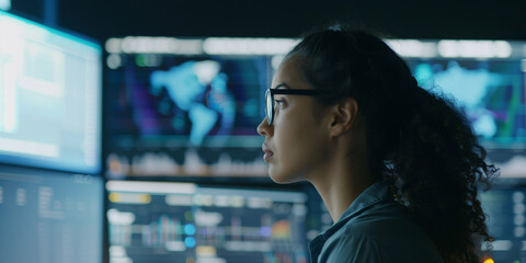 Female young Data Scientist Reviewing Reports Of Risk Management Department On Big Digital Screen In Monitoring Room