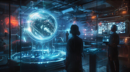 Illustrate a scene showing humans exploring parallel universes using advanced quantum computers.