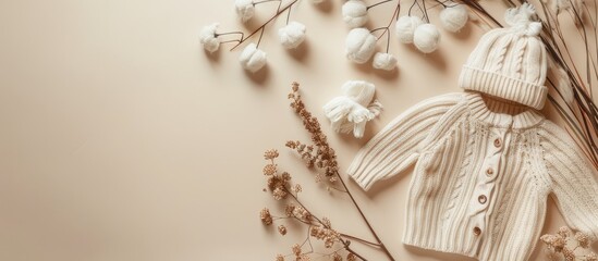 Infant garments made of organic cotton displayed on a beige background. Fashionable attire for newborns showcased in a flat lay composition with copy space.