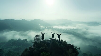 Mountain Climbers Raise Hands, Celebrate On Top Of Mountain, Sunrise, Fog