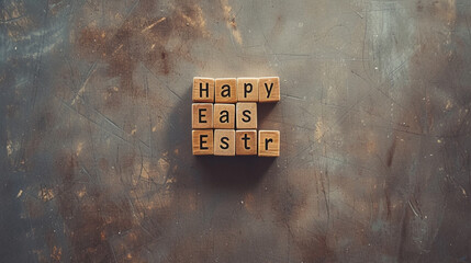 A wooden block set forming the words "Happy Easter" arranged neatly on a flat surface.