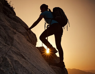 Silhouette of male and female hikers climbing a mountain cliff, depicting the concepts of help and teamwork.