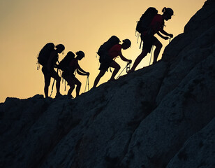 Silhouette of male and female hikers climbing a mountain cliff, depicting the concepts of help and teamwork.