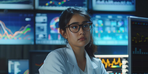 Female young Data Scientist Reviewing Reports Of Risk Management Department On Big Digital Screen In Monitoring Room