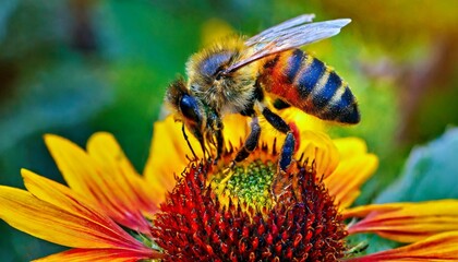 bee on a flower, "Expressive Nature: Bright and Colorful Artistry in Macro"