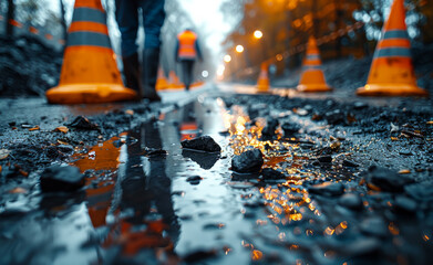 Workers are repairing the road after the rain