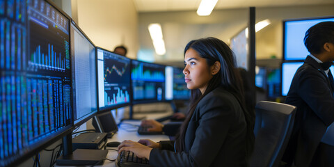 Female young Data Scientist Reviewing Reports Of Risk Management Department On Big Digital Screen In Monitoring Room