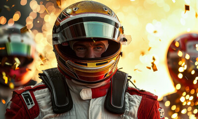 Fototapeta premium Racing driver stands in front of golden explosion.