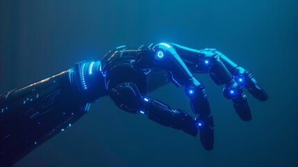 Close-up of a futuristic robotic hand with blue lighting against a dark backdrop, symbolizing advanced technology