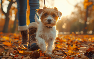 Naklejka premium Small dog is walking with its owner in park on sunny autumn day.