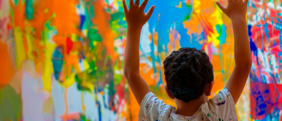 Young boy painting wall with variety of colors, artistic and creative expression