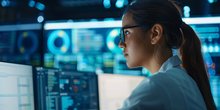 Female young Data Scientist Reviewing Reports Of Risk Management Department On Big Digital Screen In Monitoring Room