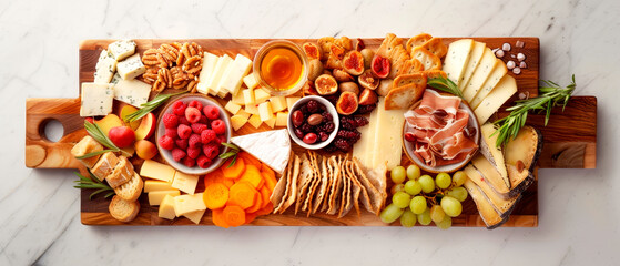 Wooden tray with variety of cheeses, crackers, and fruits, artisanal cheese board