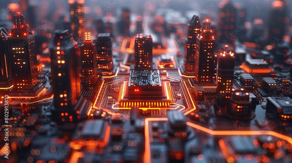 Poster smart chip processor integrated with buildings, illustrating the concept of a smart city in a 3d ren
