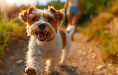 Happy active jack russell dog running with his owner on dirt road at the park or meadow