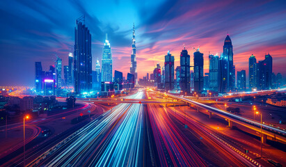 Obraz premium Scenic nighttime skyline of Dubai UAE. Aerial view on highways and skyscrapers in the distance.