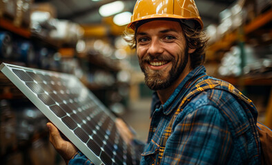Portrait of smiling worker holding solar panel in factory - Powered by Adobe