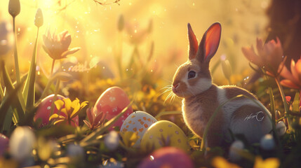 A whimsical Easter scene with a curious bunny exploring a field of colorful eggs and blooming flowers, the words "Happy Easter" written in swirling script against a backdrop of golden sunlight.