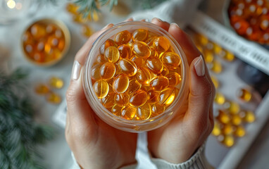 Woman holds jar of fish oil capsules in her hands.